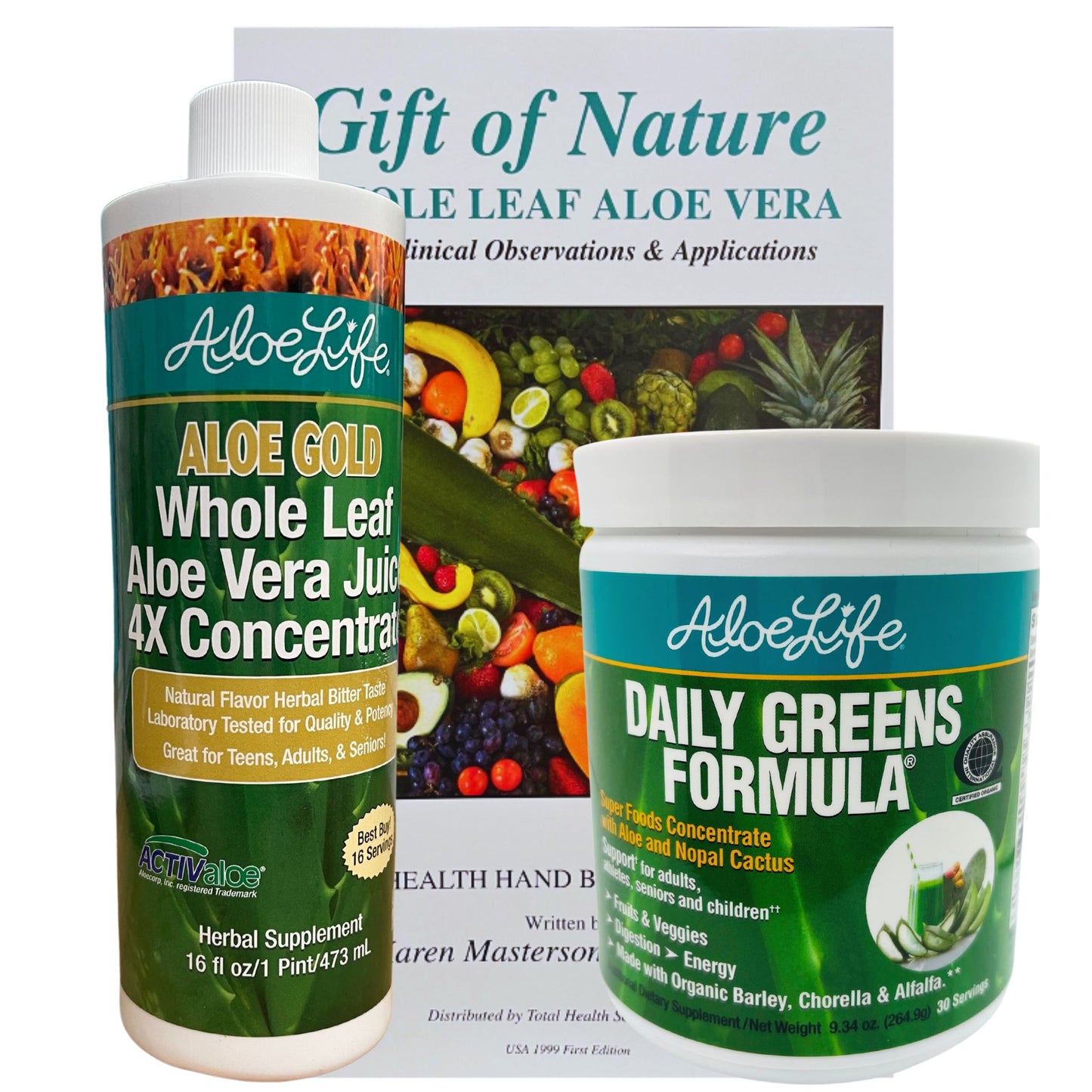 Daily Essentials Bundle - 15% DISCOUNT Aloe Gold Pt and Daily Greens 9.34 oz Powder & Gift of Nature Book