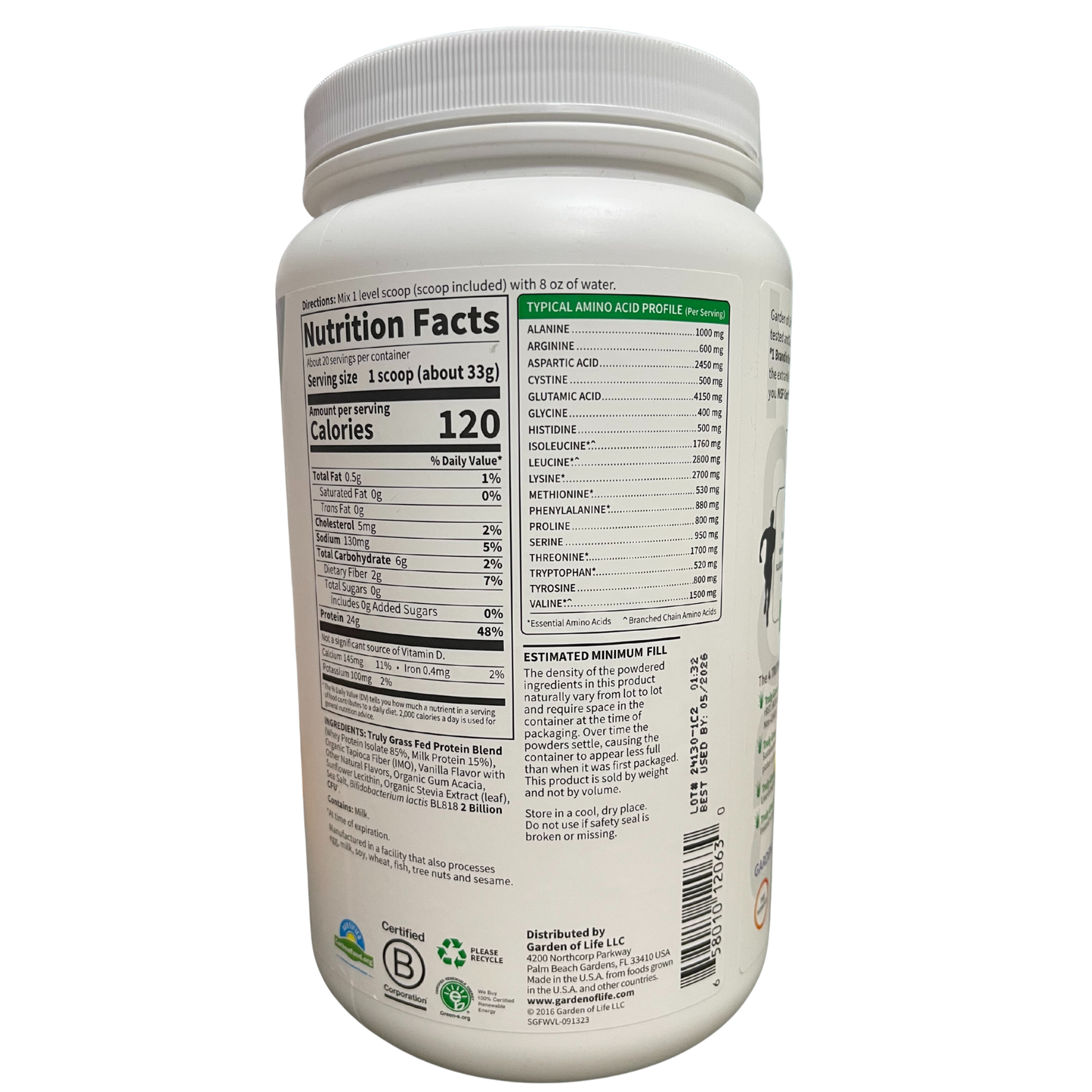 Garden of Life Sport Certified Grass Fed Whey Protein Powder Vanilla