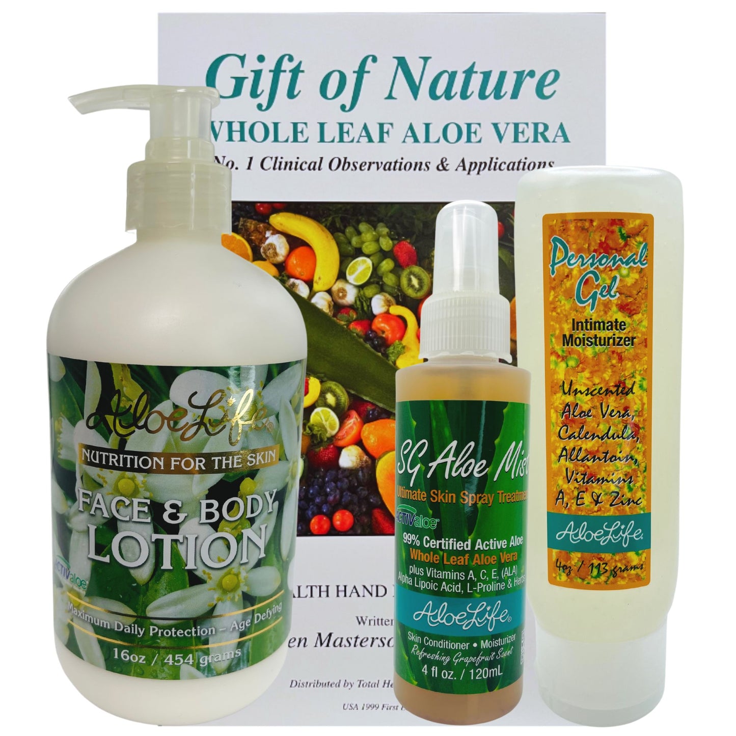 Personal Care Essentials Bundle - 15% DISCOUNT Skin Gel Mist 4oz, Face and Body Lotion 16oz, Personal Gel 4oz & Gift of Nature Book