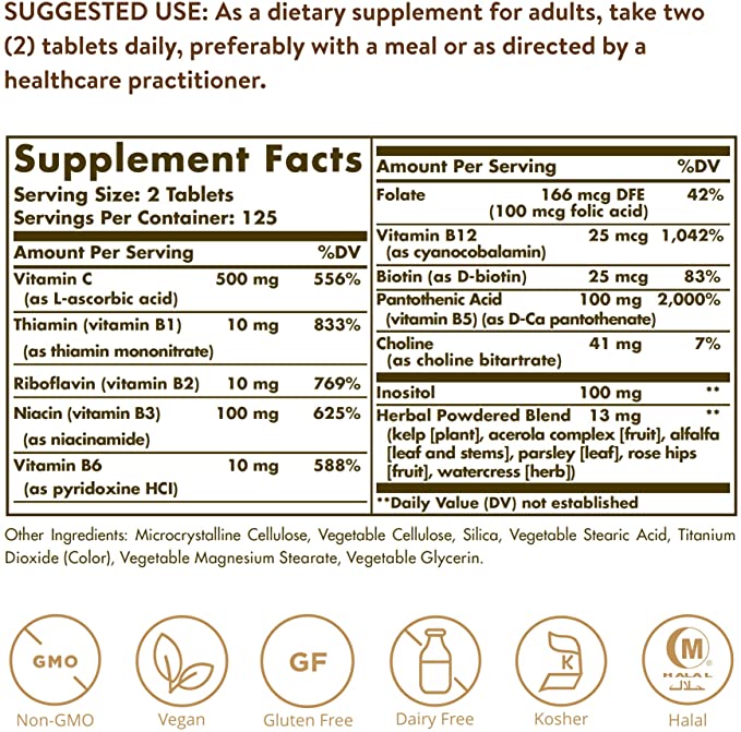 Solgar B Complex with Vitamin C Stress Formula 100 Tablets