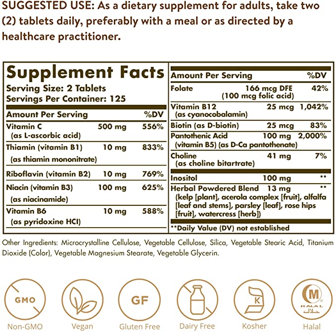 Solgar B Complex with Vitamin C Stress Formula 100 Tablets