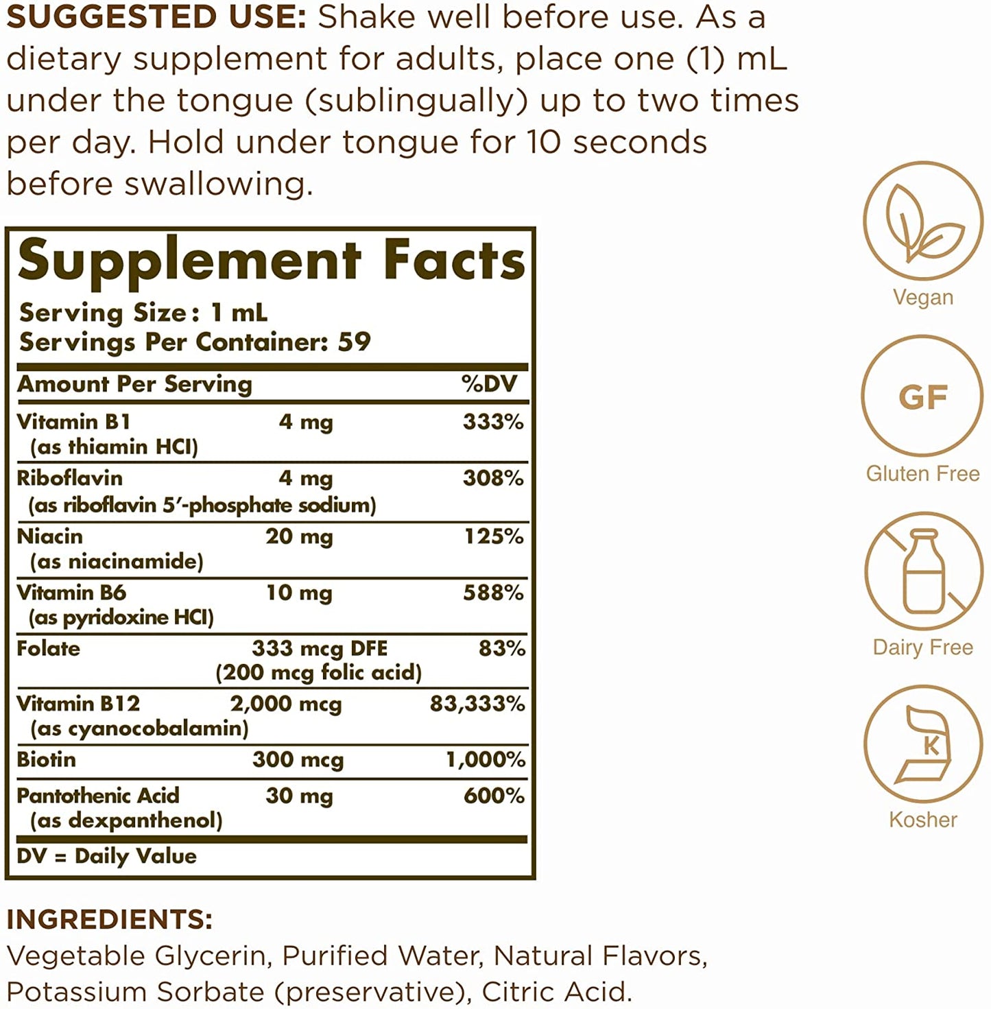 Solgar Sublingual Liquid B-12 2000 mcg with B Complex