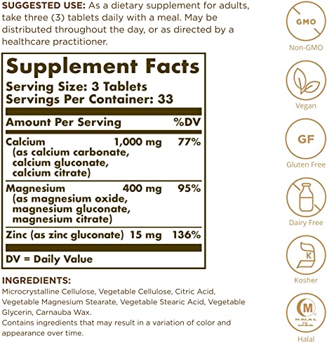 Solgar Calcium Magnesium plus Zinc 100 Tablets