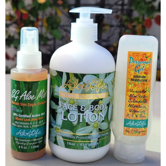 Personal Care Essentials Bundle - 20% DISCOUNT Skin Gel Mist 4oz, Face and Body Lotion 16oz, Personal Gel 4oz